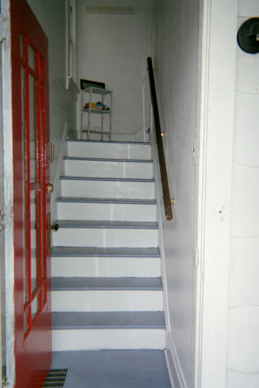 Handrail has been painted blue.