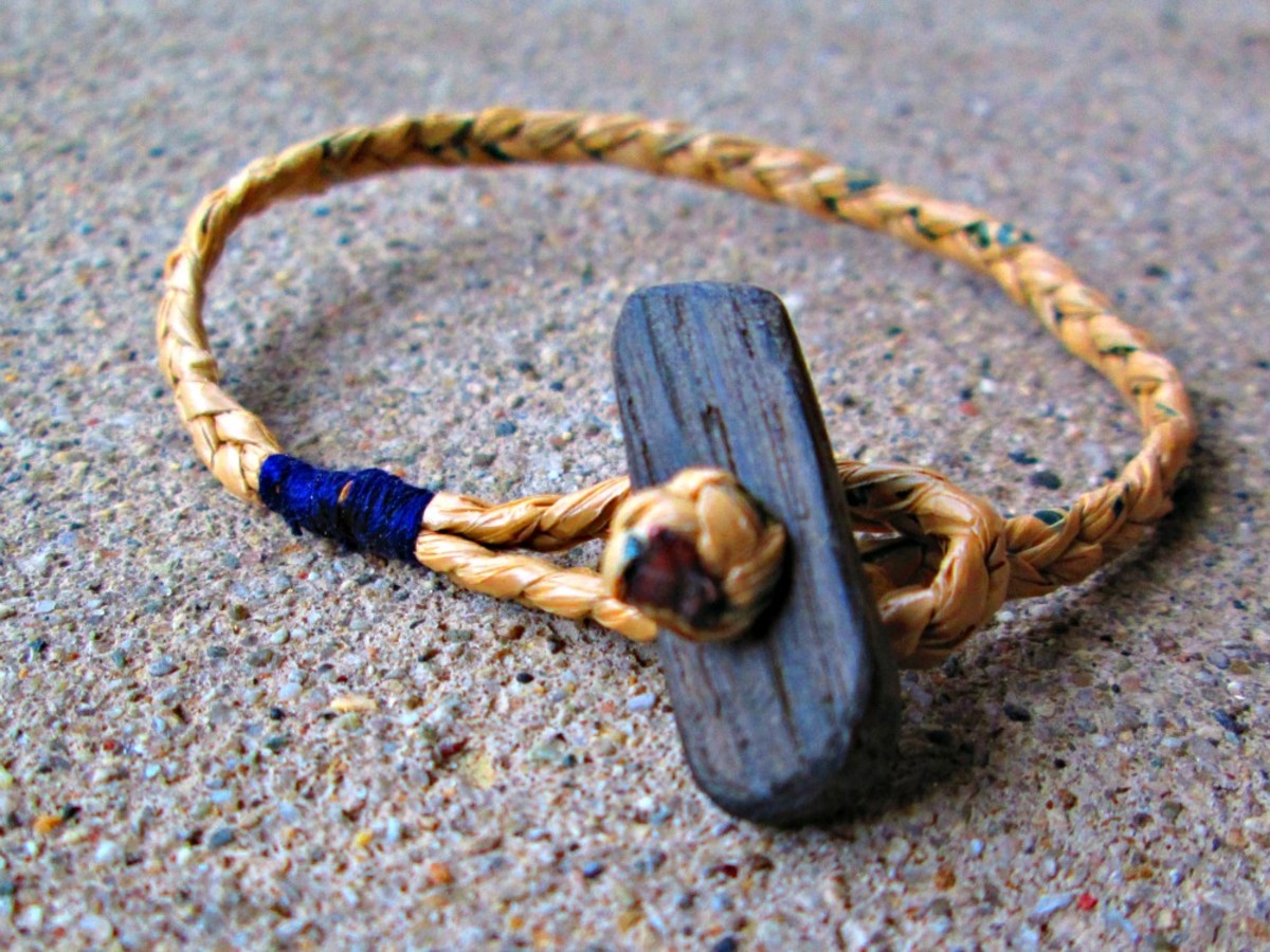 Handcrafted Bracelet made from plarn looks like natural fiber when natural colored bags are used to make the plarn.