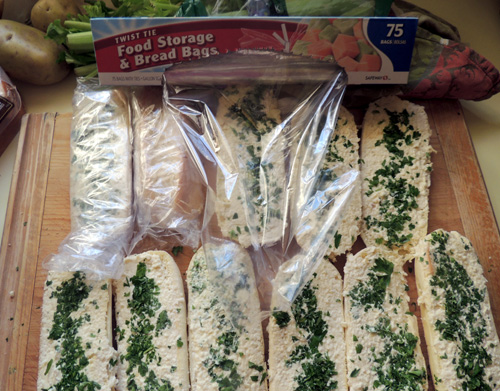 After allowing to set in freezer, wrap bread halves individually