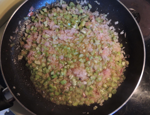 Back to the shallots & celery. Add to brown butter--if you're a pescatarian/veggie, like me--or to rendered bacon fat--if you prefer.