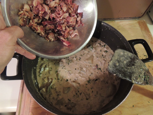 add potatoes & clams (bacon crumbles, too, if you want to include them.)