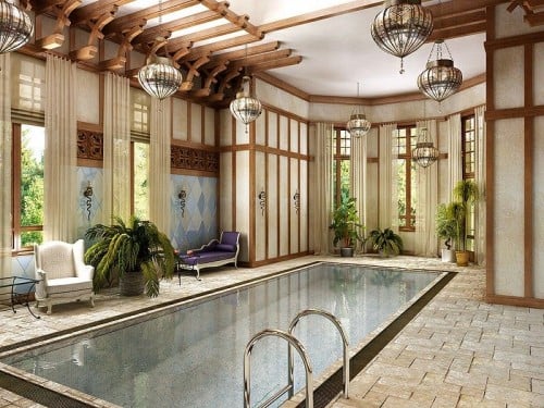 Moroccan inspired eclectic design living room with an indoor swimming pool - superb execution of evergreen interior design options