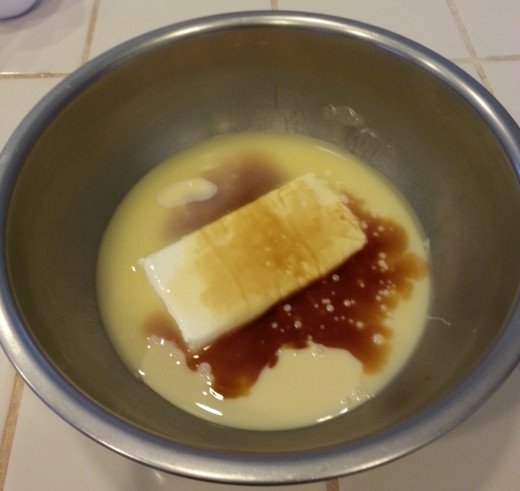 Step One. Combine cream cheese, condensed milk, lemon juice, and vanilla extract.