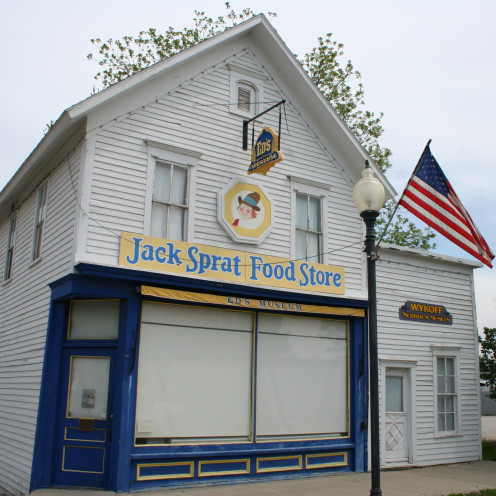 The old Jack Sprat Food Store, now Ed's Museum, in the Historic Gold Street Commercial District in Wykoff, Fillmore County, Minnesota.