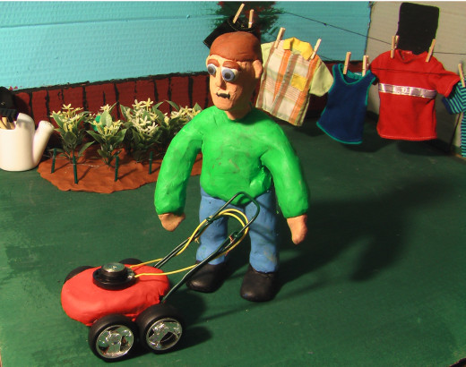 Stop-motion Character About To Mow The Lawn