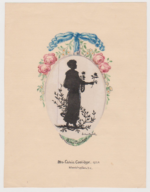 Example of von Maydell's typic work in an atypic technique. Instead of being paper cut silhouette, this one is an ink painting. Depicted: Mrs Calvin Coolidge, 1924