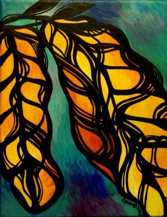 I didn't plan this painting out, other than the fact that I knew it was going to be leaves.  It's one part of two pieces that make up a piece called "Winter Leaf Fire Dance."