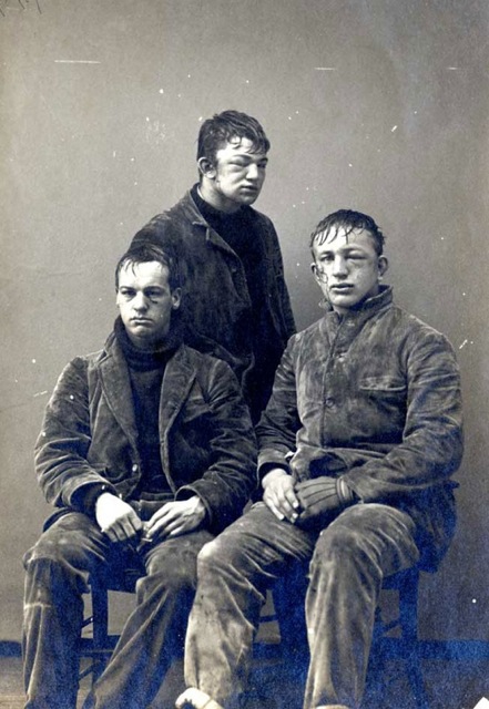 Three Princeton students after the annual Freshman-Sophomore snowball fight. ca. 1893, Princeton, NJ.