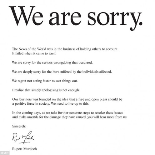 Rupert Murdoch's apology letter to victims of News of the World's hacking scandal, May, 2012. 