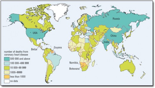 A map showing the average amount of deaths in the world due to cardiovascular diseases.