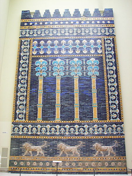 Example of symmetrical composition in art: Facade of the Throne Room.Babylon,colored, glazed bricks. 604-562 BCE. The frieze of lions was presumably arranged symmetrically so that the animals faced toward the central main entrance to the throne room.