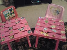 The decorated picnic tables.