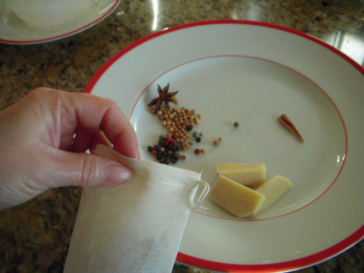 Put your pho spices, including fresh sliced ginger, into a spice bag. The fresh ginger really makes a difference.