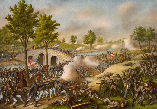 In this romanticised artist's conception of the battle, Union and Confederate troops are locked in close quarter combat along the banks of Antietam Creek in western Maryland.