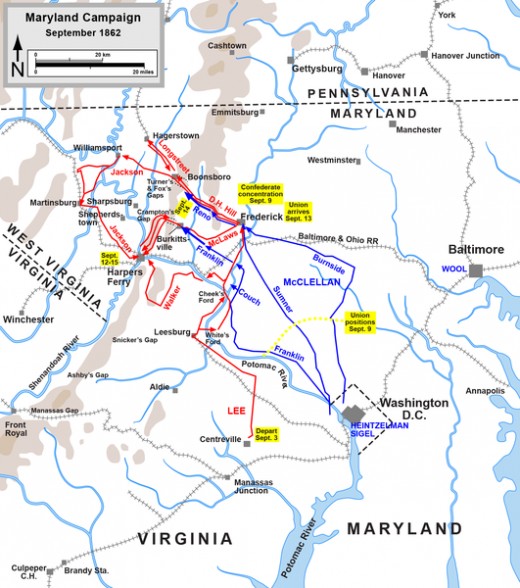 A map showing the actions taken during the Maryland Campaign. The Confederacy are shown in red and the Union are shown in blue.