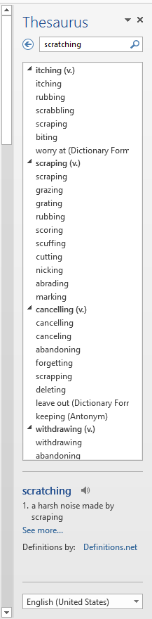 Screenshot of the Thesaurus pane in Word 2013.