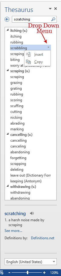 Screenshot of inserting a word, Word 2013.