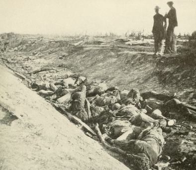 A photograph taken in 1862 showing Confederate dead lying in Bloody Lane.