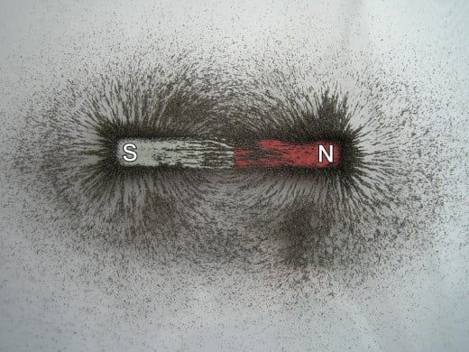 Bar magnet and iron filings replicate magnetic fields emanating from the Earth.