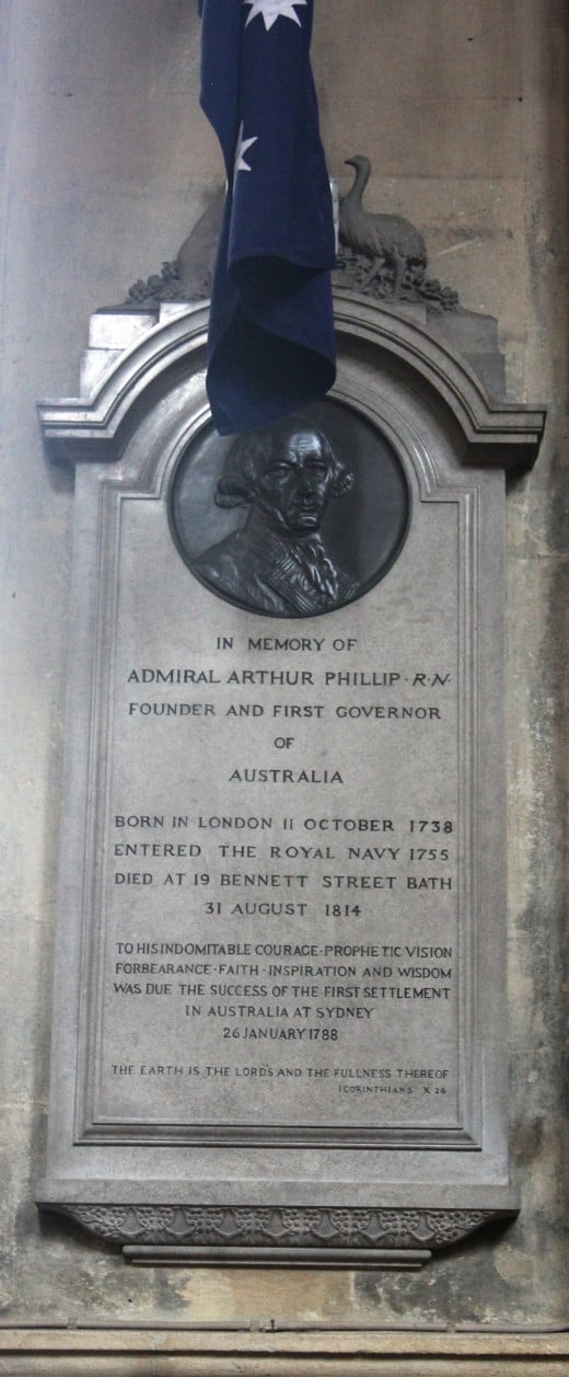 Memorial plaque to Captain Arthur Phillip, founder and first governor of Australia, in Bath Abbey.