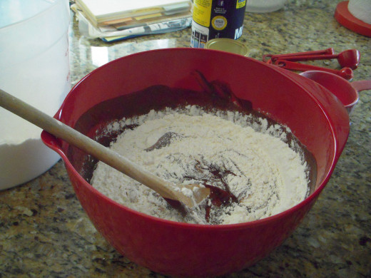 To the same bowl, add the flour, baking powder and salt and mix just until combined. Batter may have small lumps.