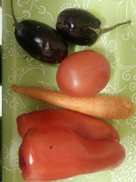 Take Vegtables: carrot, capsicum, tomato and eggplant