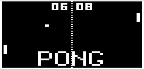 Pong by Atari Corporation. The two paddles return the ball back and forth. The score is kept by the numbers (06 and 08) at the top of the screen.