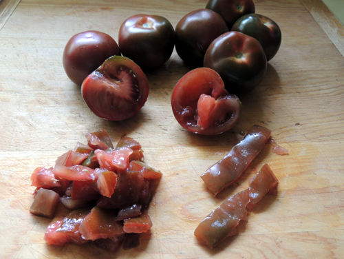 slice, seed and dice your tomatoes. Set aside.
