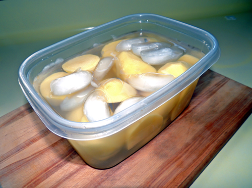 leave taters in cold water while you work to prevent browning