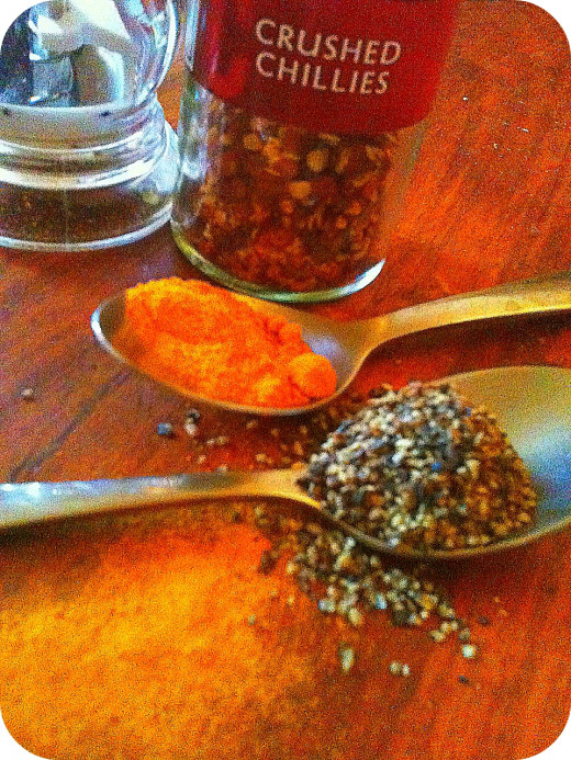 Turmeric is absorbed better when it is cooked with black pepper.  Chilis also have anti-inflammatory effects, and pain-relief properties, if you can take the heat! Photo © Redberry Sky
