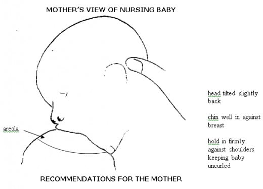Baby is latched on correctly, chin is tucked into breast whilst the nose is free and the head is tilted slightly back.
