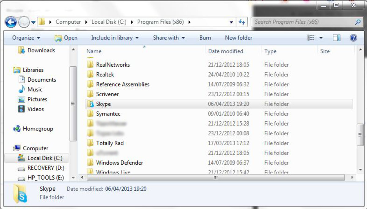 Windows 7 iin Bilgisayarma Git - C, - Program Dosyalar (x86) klasrne gidin, Skype klasrn arayn, silin.
