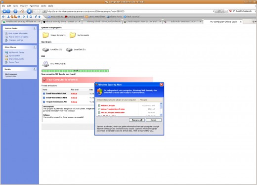 6)  Copy of phony results.  Enough to make one panic if they didn't know better.  They are clubbing by fear.  Another popup box with a Windows Security  look-a-like logo (another part of the ploy).  Whatever you do don't click anwhere's except the X.