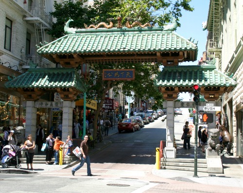 San Francisco Chinatown ornate dragon gate at the corner of Grant & Bush streets.The gate was a gift from the Republic of China in 1969 