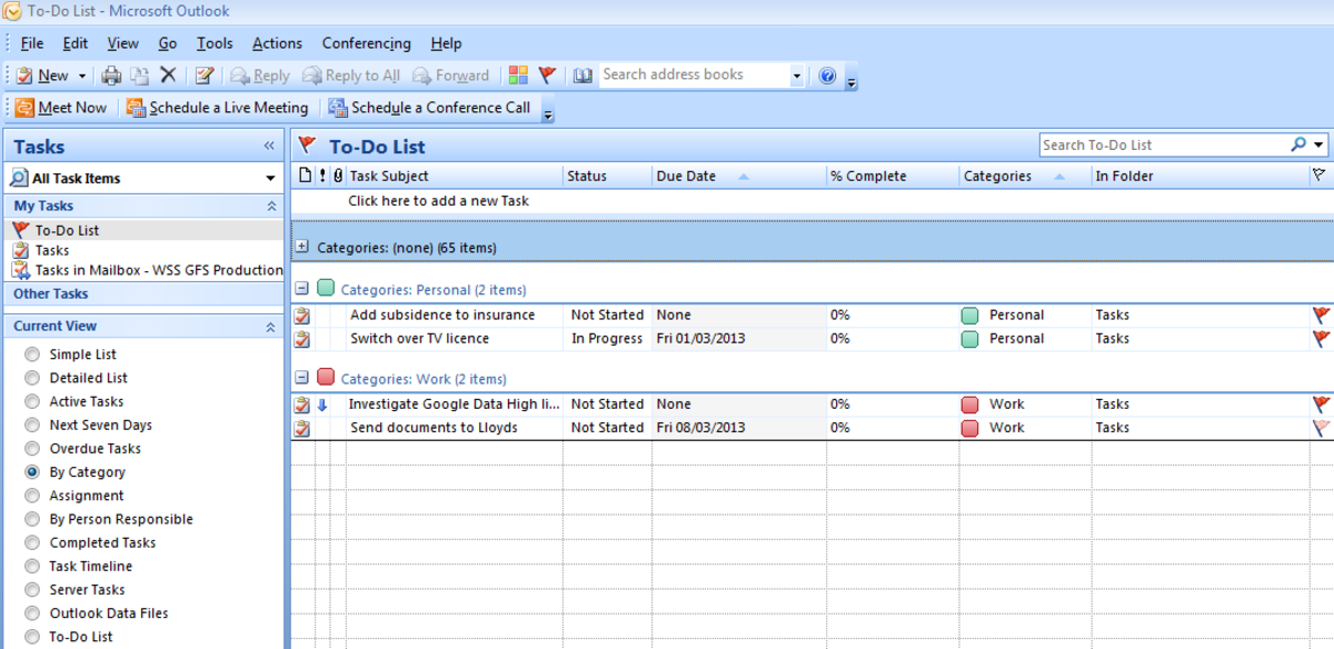 Sorting tasks by category using the By Category view in Outlook 2007 and Outlook 2010.