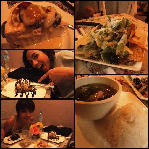 clockwise from top left: twisted pavlova, tuliro (or 'puzzled' in english) - nachos, 69 for the day, chicken sinigang with rice, friends T and B with their cakes. :)