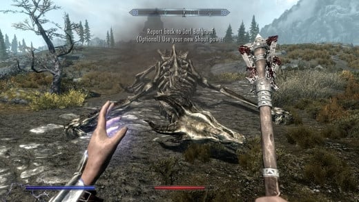 player dual weilding a spell and a weapon while standing over a skeleton.