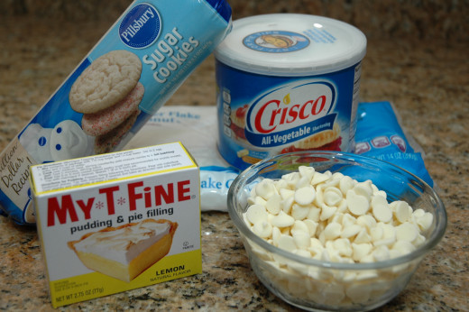 Ingredients needed to make lemon coconut thumbprint cookies.