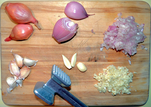 Left to right, top to bottom, shallots and garlic prep