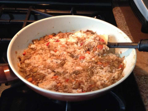 Cooking the stuffing for the baked eggplant - Adding Basmati Rice (Cooked) to the stuffing 