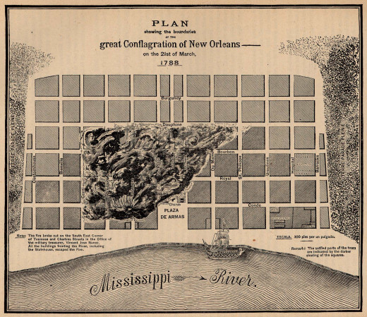 Map of the fire's damage- the lighter blocks toward the top of the French Quarter were set aside for future development but vacant at the time.