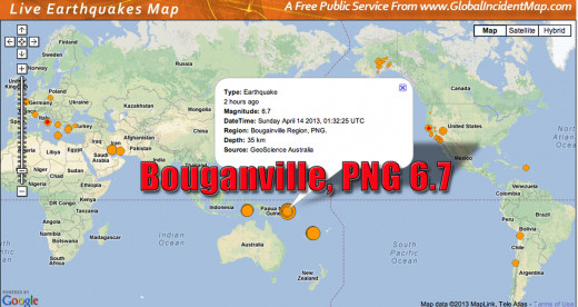 A large 6.7 earthquake north of Australia in the Bouganville region of Papua New Guinea.