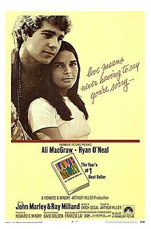 The movie poster for 'Love Story', if you read the book after the movie you always imagine Ryan O'Neal and Ali McGraw in the lead roles.