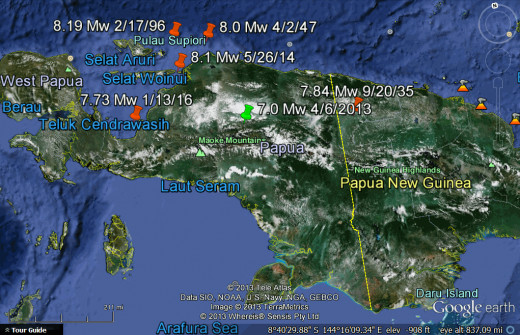 Five earthquakes of 7.73 magnitude or greater for 1914 to 1996 in the western portion of New Guinea (four in Irian Jaya, Indonesia).  One of the recent significant quakes (green pin) is also shown.