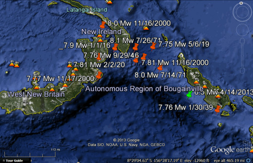 The most active eastern zone is shown here with ten earthquakes of 7.75-8.1 magnitude from 1916 to 2000 and one significant quake of 6.5 magnitude (green pin) from 4/14/2013.