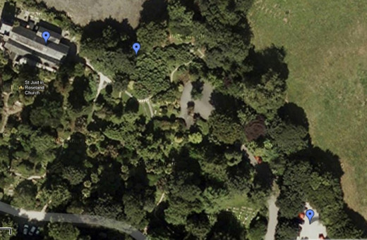 Holy Wells in Cornwall - St Just Holy Well.  This satellite view has markers for the church, the holy well and the car park. Source: Google