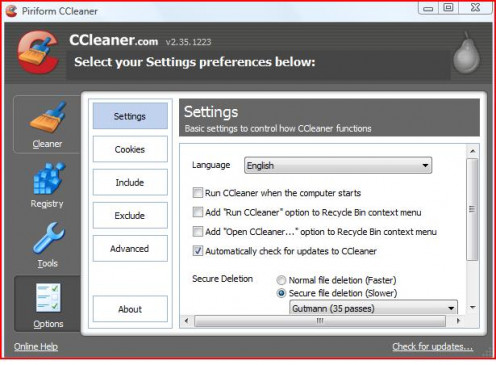 The Settings tab of CCleaner