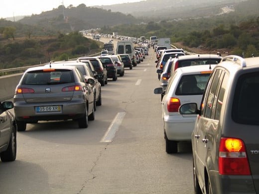 The dreaded traffic jam - nothing but a trail of red taillights into the horizon.