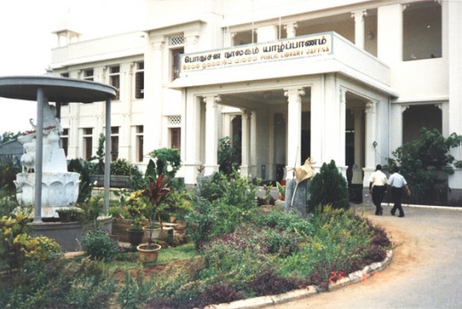 3. Main Entrance to the Library. Note the statue of the Hindu Godesses of Learning, Saraswathy, at the centre of the landscaped area.