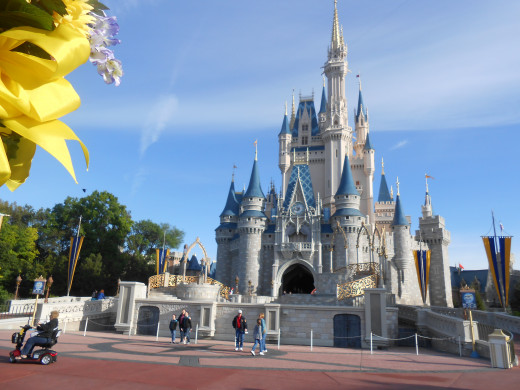 Cinderella's Castle in Walt Disney World's Magic Kingdom, in Orlando, Florida. Ride a horse-drawn carriage (with storage for strollers in the back) to the park's center, cutting the time it takes to get to your first attraction, Peter Pan's Flight.